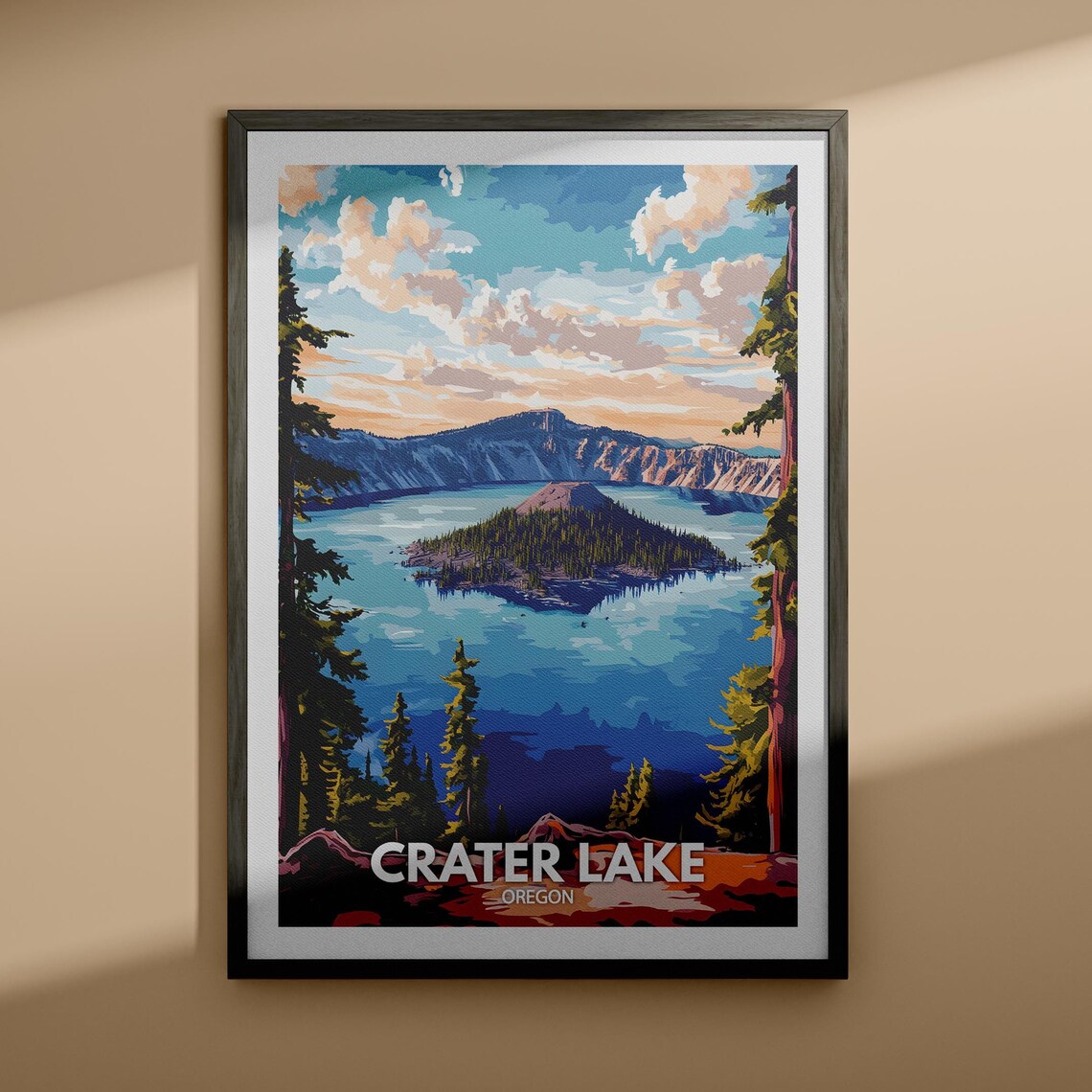 Crater Lake Oregon Wizard Island Deep Blue Water Travel Poster