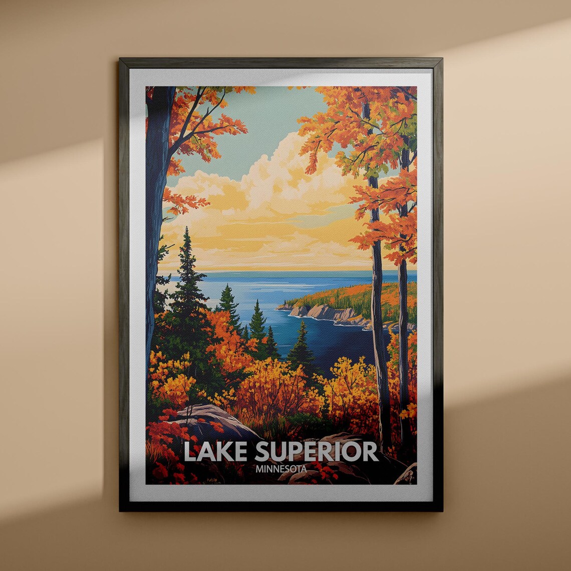 Lake Superior Minnesota Autumn Foliage Lakeside Fall Scene Poster