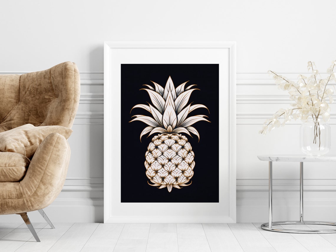 White Pineapple Fine Line Art Bold Tropical Graphic on Black Poster - Image 2