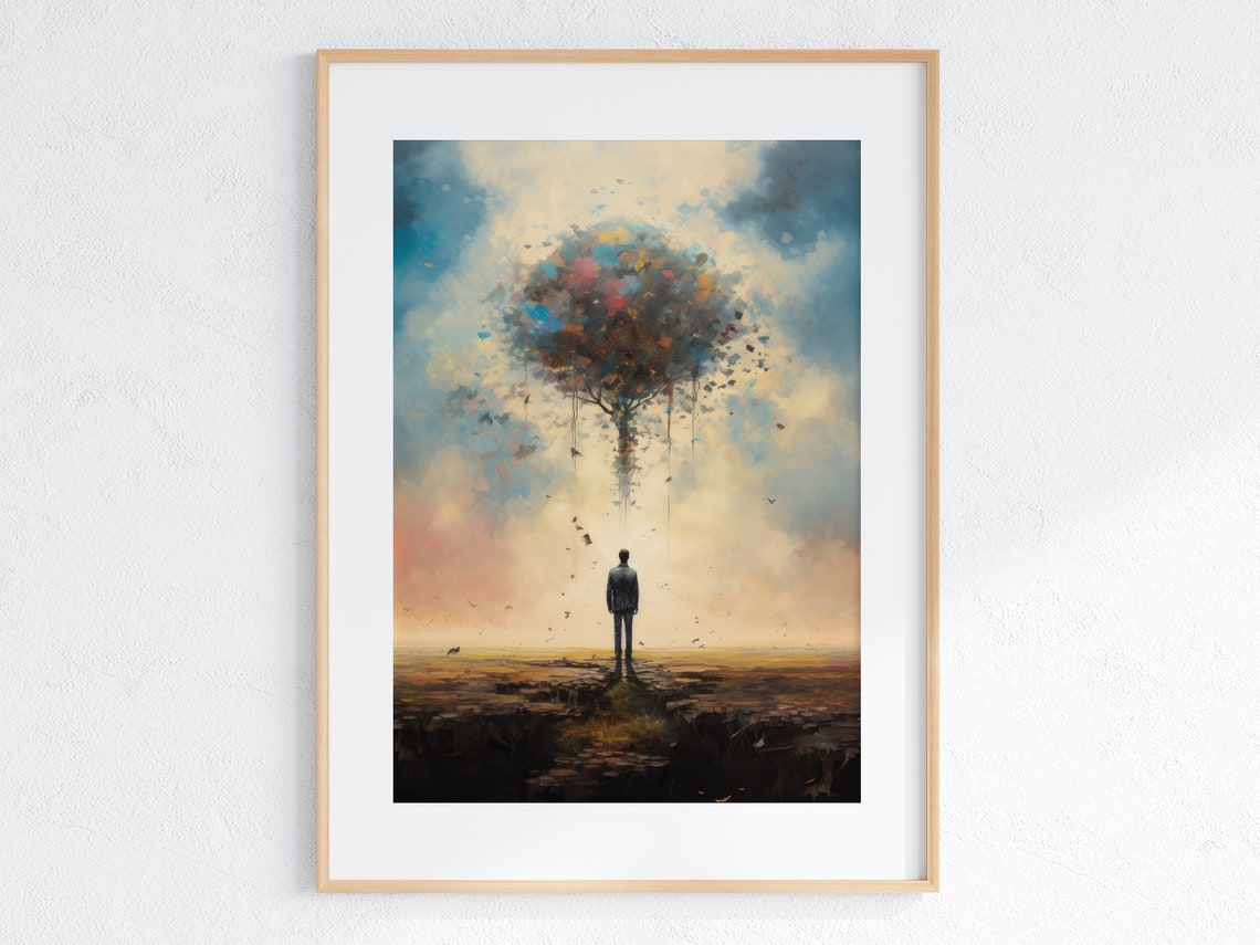 Surreal Lone Figure Beneath a Dissolving Tree Dreamlike Art Poster