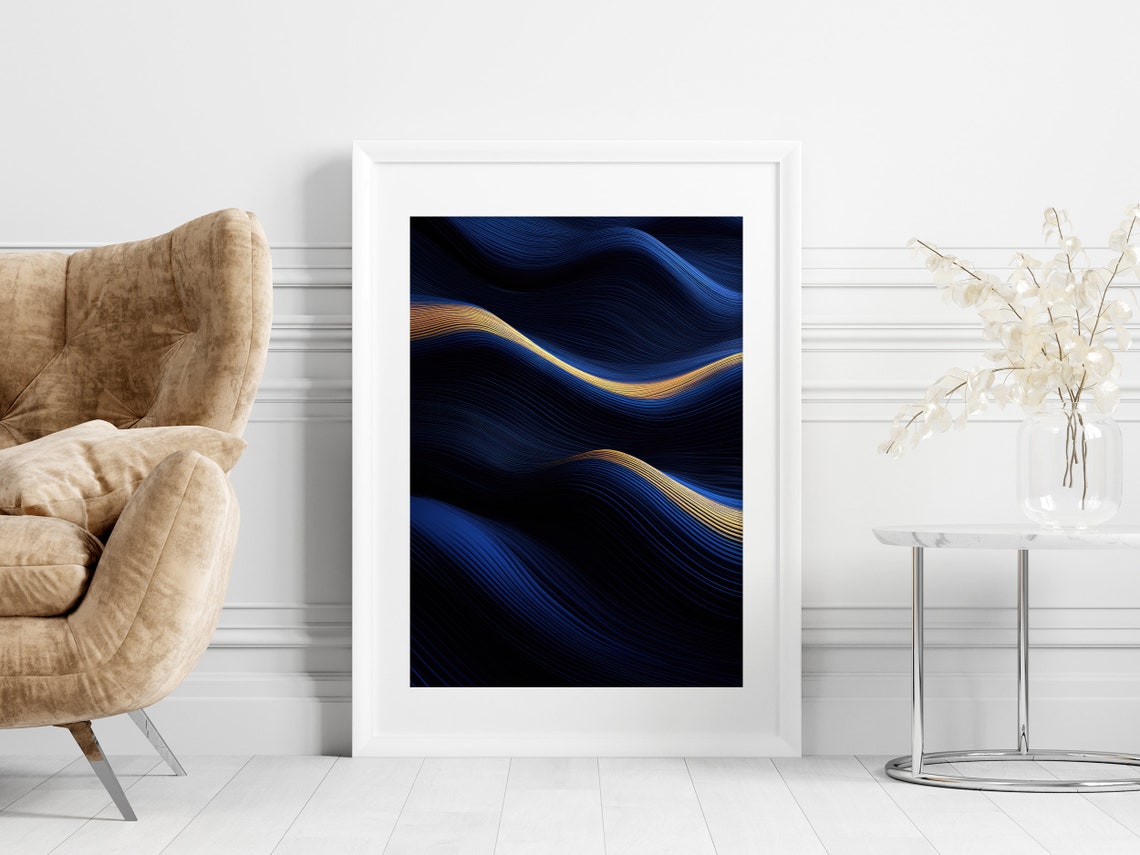 Transformative Modern Abstract Waves Instant Blue And Gold Geometric Wall Decor Art Print For Contemporary Art Loving Homes - Image 4