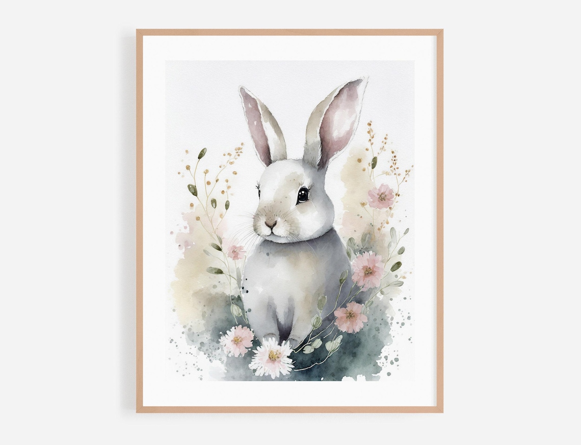 Cute White Baby Rabbit Watercolor Nursery Portrait Flowers Poster