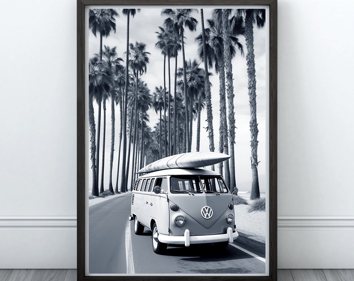 Black And White Art Beach Wall Art Boho Wall Decor Surfer Van Print Retro Van Print Art Art