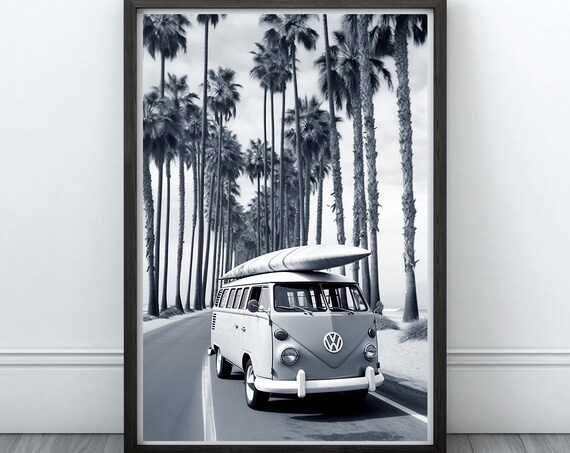 Black And White Art Beach Wall Art Boho Wall Decor Surfer Van Print Retro Van Print Art Art