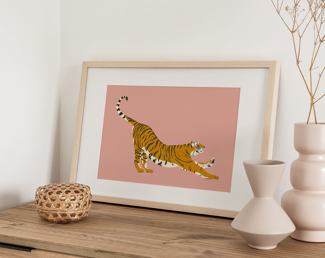 Abstract Pink Tiger Illustration Playful Stretch Big Cat Poster - Image 2
