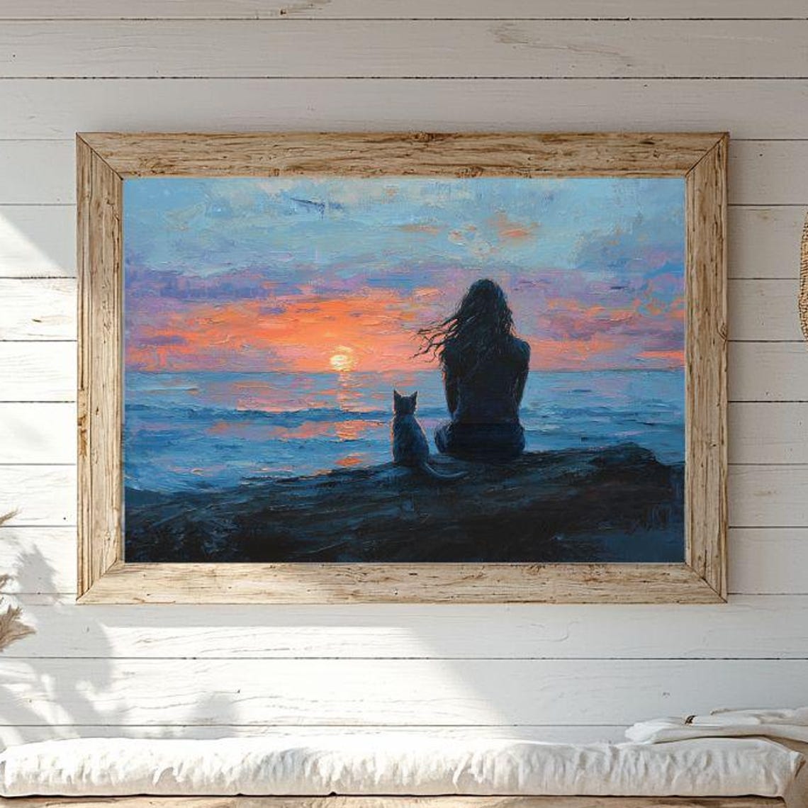 Woman and Cat on Beach at Sunset Poster