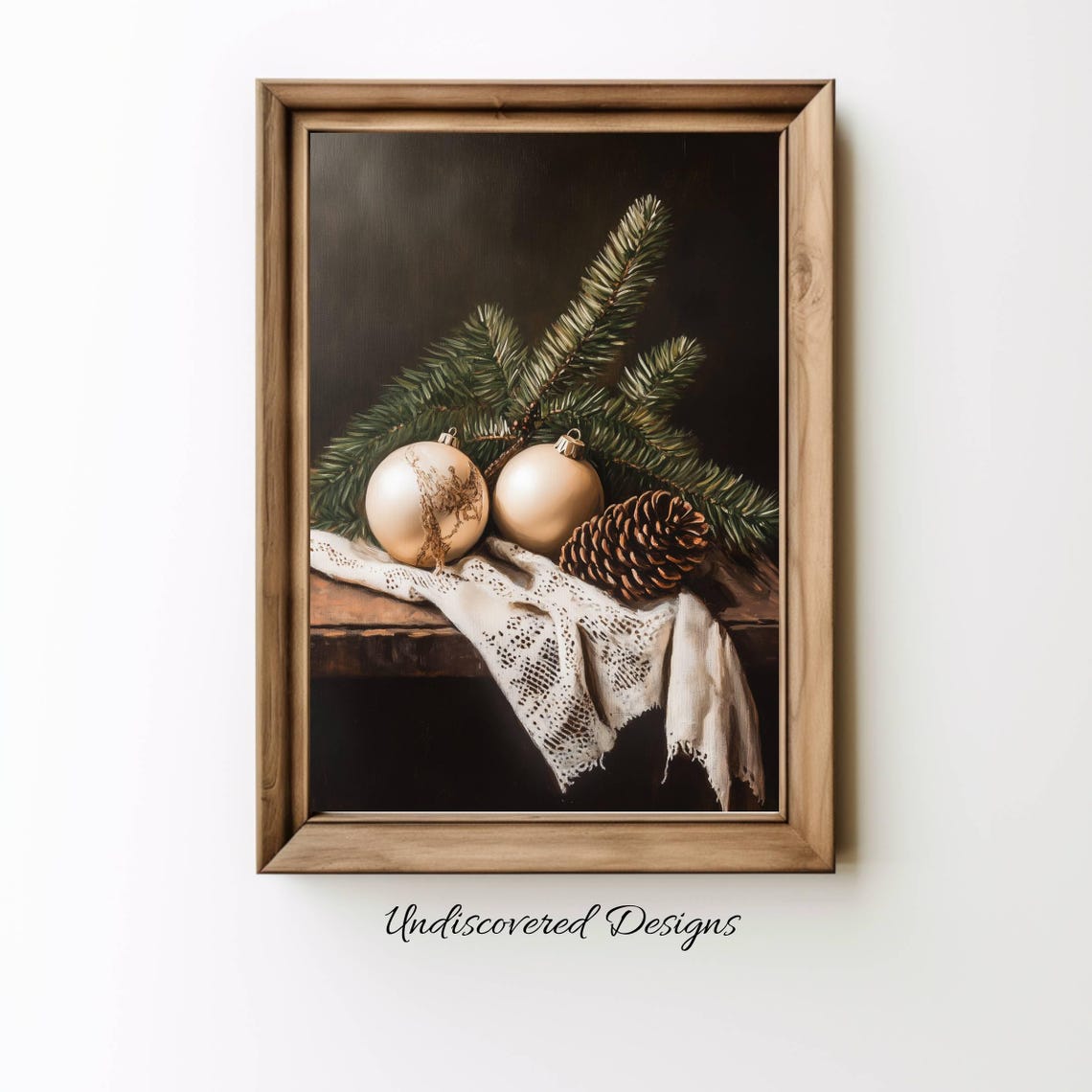 Vintage Christmas Ornaments Pinecone and Evergreen Still Life Poster