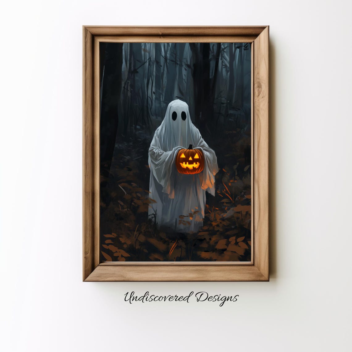 Ghost Holding Glowing Jack O Lantern Dark Forest Halloween Poster