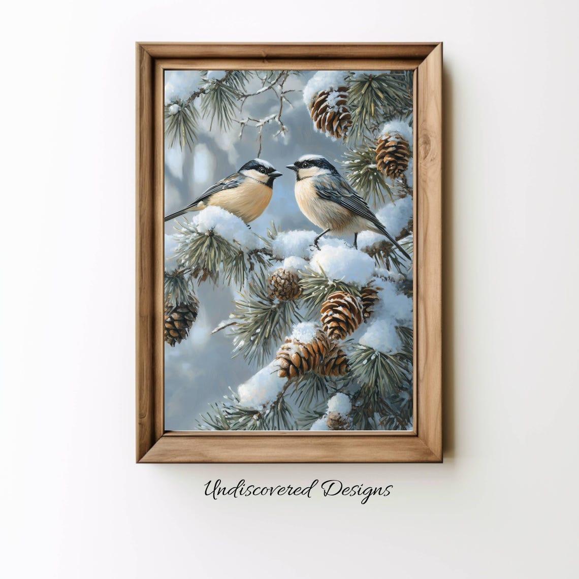 Two Chickadees In Snowy Pine Branches Vintage Winter Bird Art Print