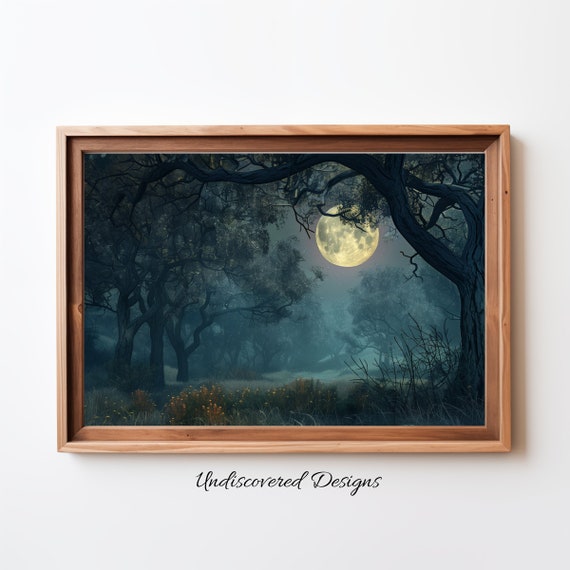 Spooky Dark Oak Forest Art Vintage Halloween Oil Painting Print
