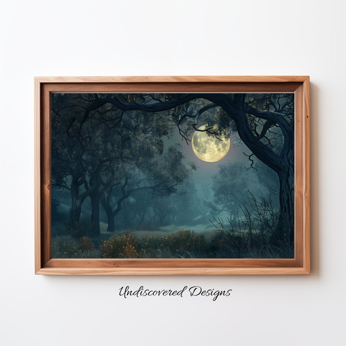 Full Moon Over Dark Oak Forest Spooky Night Oil Painting Poster