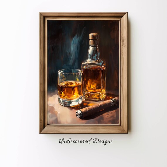 Whiskey Bottle Glass And Cigar Bar Lounge Decor Moody Oil Painting Poster