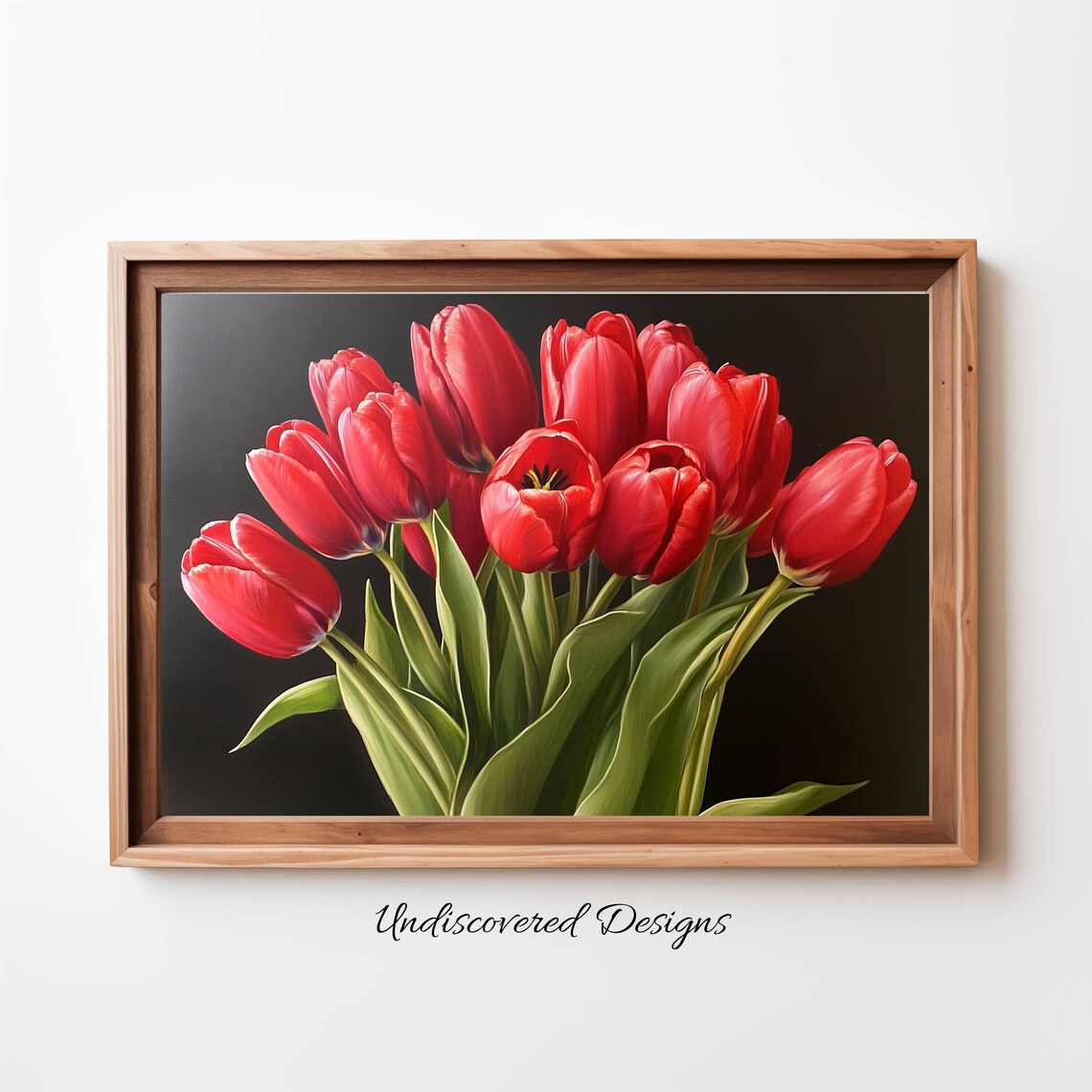 Red Tulip Bouquet on Black Background Vintage Floral Still Life Print