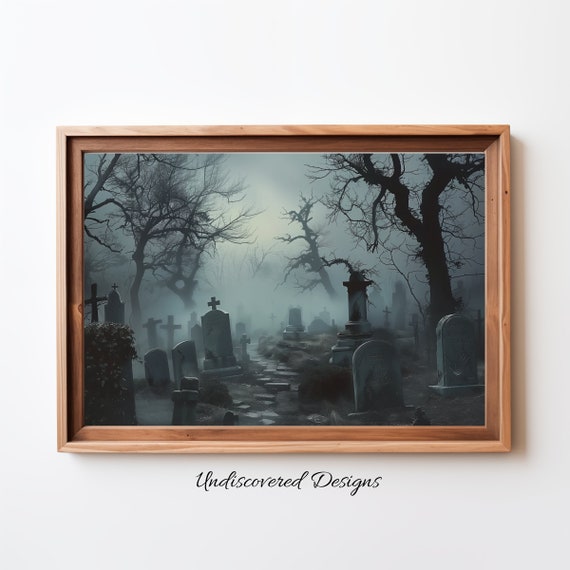Spooky Graveyard Tombstones Art Vintage Halloween Print Prints