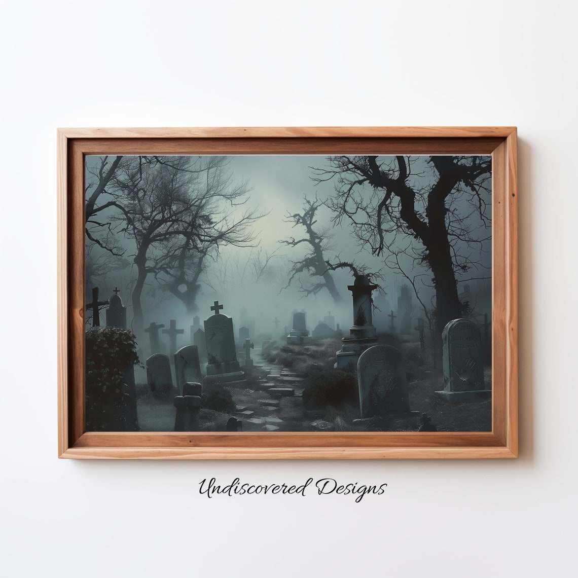 Foggy Graveyard Tombstones Under Bare Trees At Dusk Art Poster