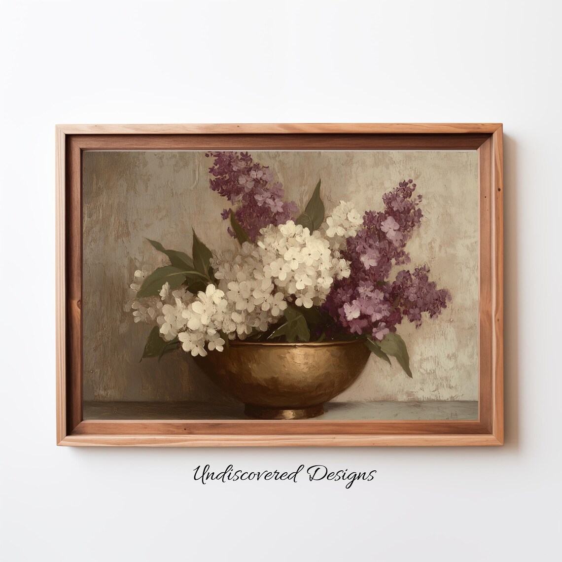 White and Purple Lilacs in Brass Bowl Vintage Floral Painting Poster