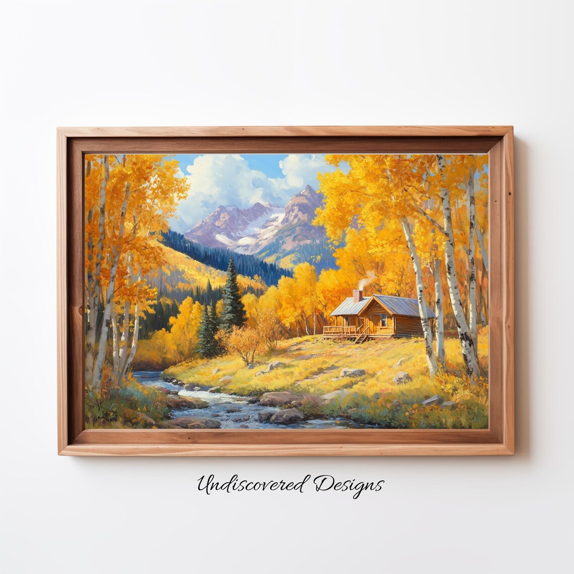 Golden Autumn Valley With Cabin and Snowy Peaks Oil Painting Poster