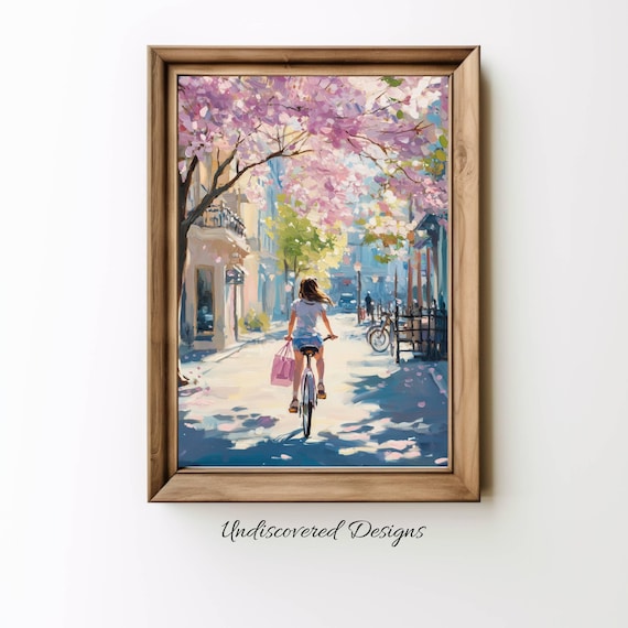 Girl Riding Her Bicycle Beneath a Canopy of Cherry Blossoms Art Print