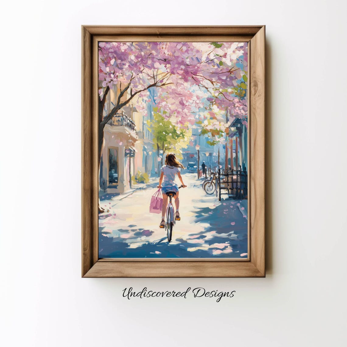 Girl Riding Her Bicycle Beneath a Canopy of Cherry Blossoms Art Print
