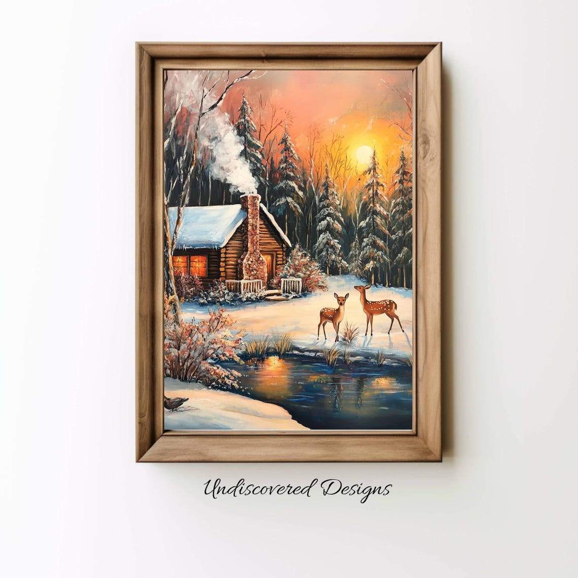 Winter Sunset Deer Poster Snowy Cabin Scene with Two Gentle Deer