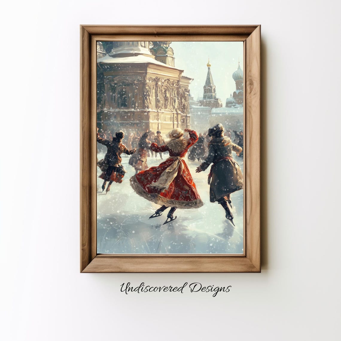 People Ice Skating in the Snow Vintage Russian City Winter Poster