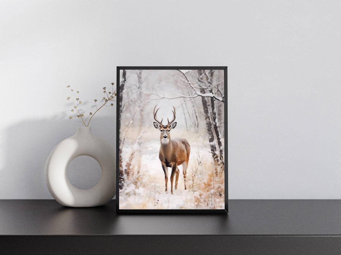Whitetail Deer Buck in Snowy Forest Winter Wildlife Art Poster