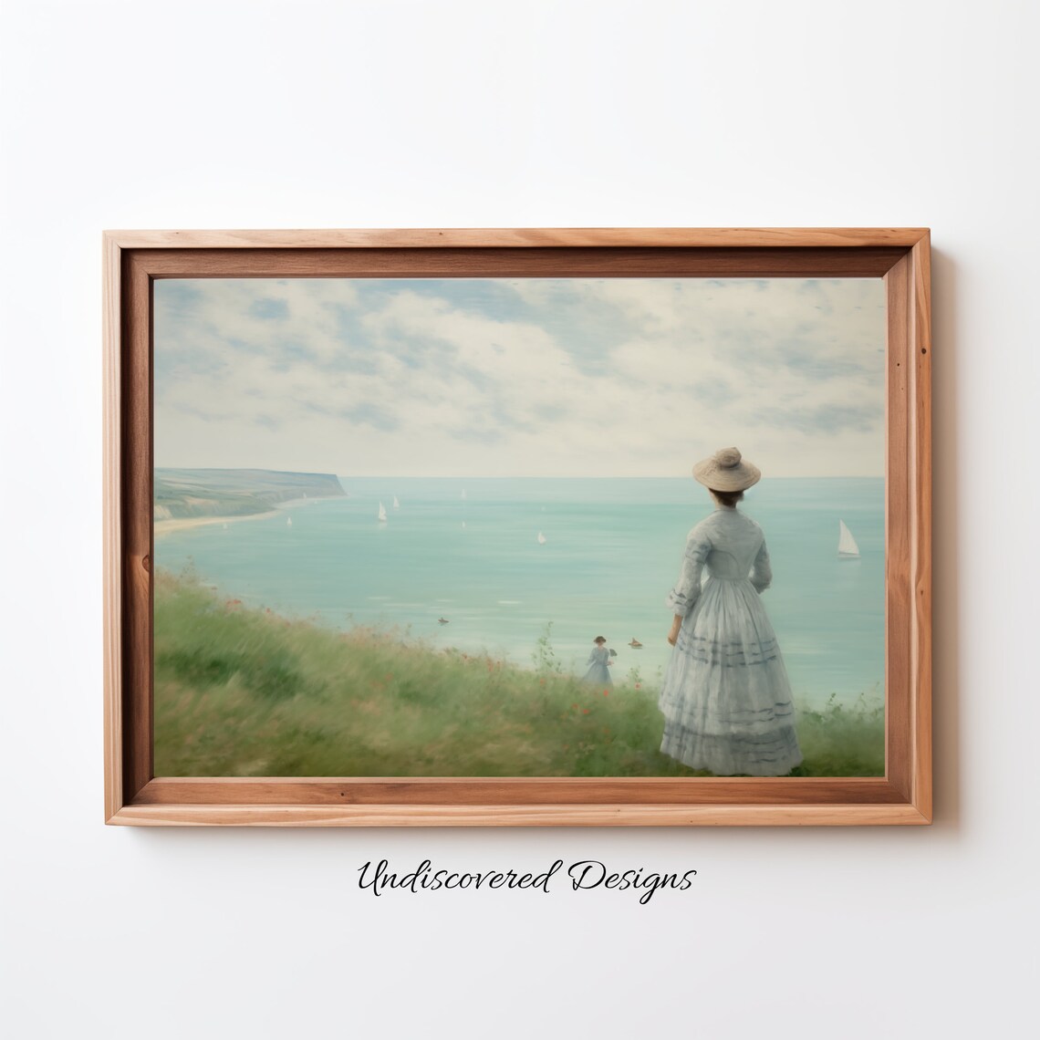 Woman On Cliff Overlooking Turquoise Sea Vintage Coastal Style Poster