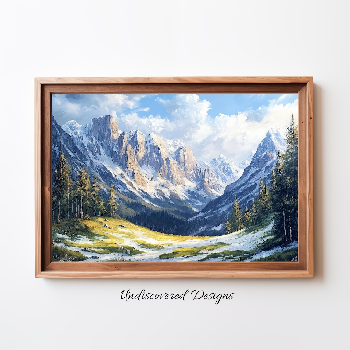 Italian Alps Spring Valley with Snowy Rocky Peaks Oil Painting Poster