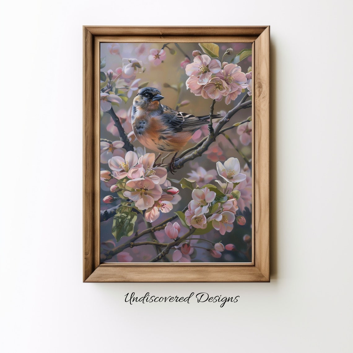 Vintage Songbird Perched Among Pink Cherry Blossoms Branch Poster