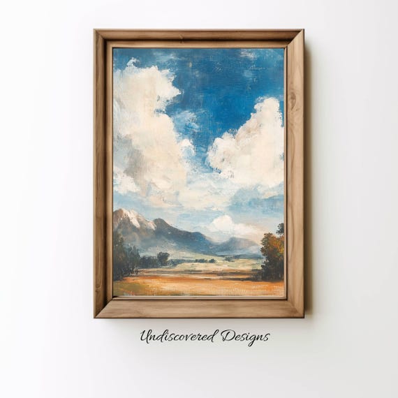 Vintage Landscape Oil Painting Art Print Clouds Trees Fields