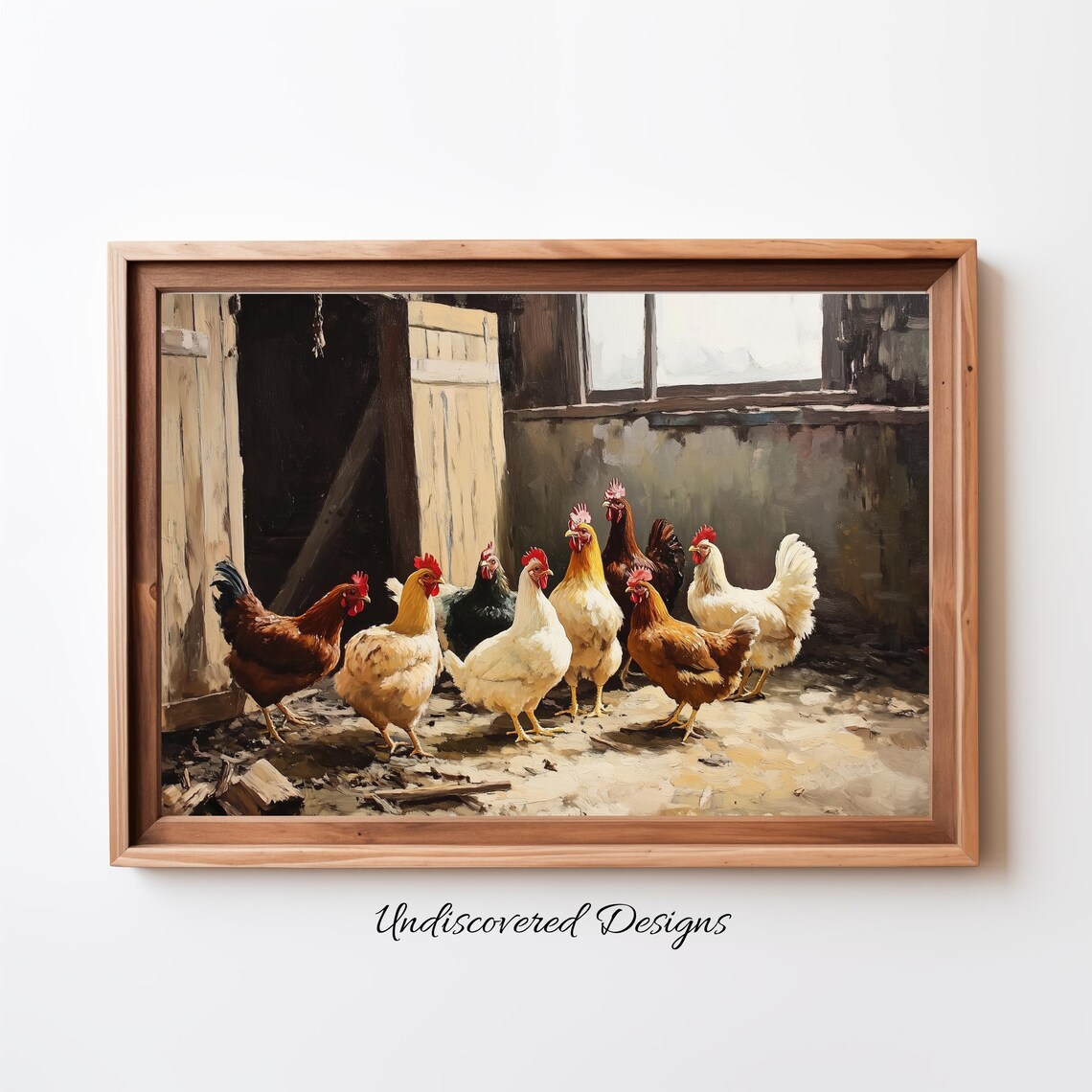 Chickens in Barn Vintage Oil Painting Rustic Farmhouse Art Poster