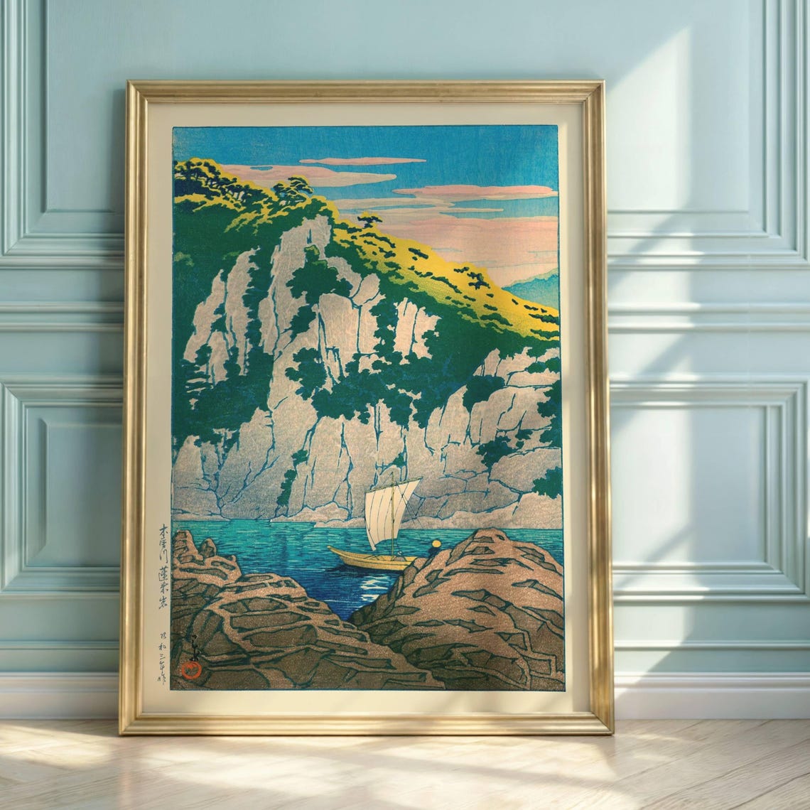 Hasui Kawase Kiso River Gorge Sailboat Japan Woodblock Nature Poster