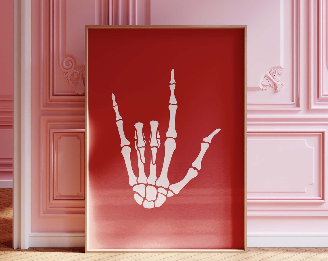 Skeleton Rock Hand Sign White Bones Red Background Emo Goth Poster