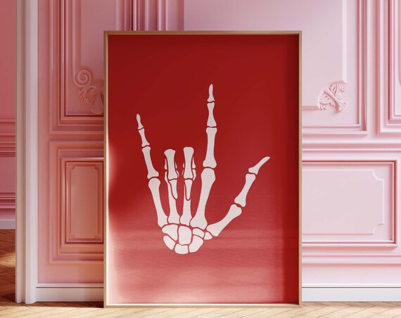 Valentine Skeleton Print I Love You Sign Language Emo Hand Art Asl Red And White