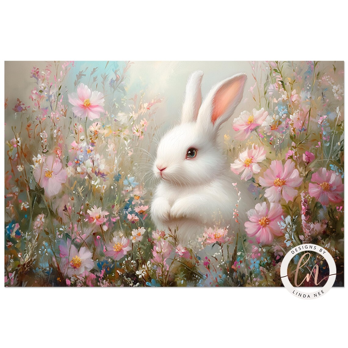 Spring Bunny Rabbit in Wildflower Field, Vintage Art Print - Image 3
