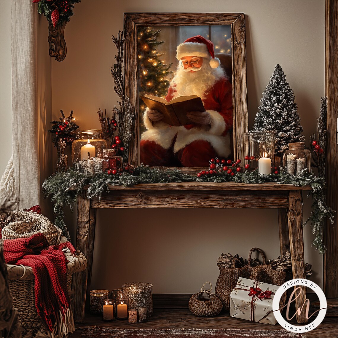 Santa Reading Book, Vintage Christmas Poster Print - Image 4