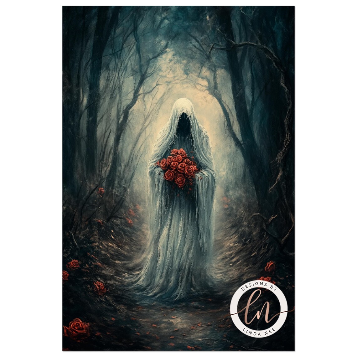 Dark Academia Ghost Holding Roses, Vintage Poster - Image 4
