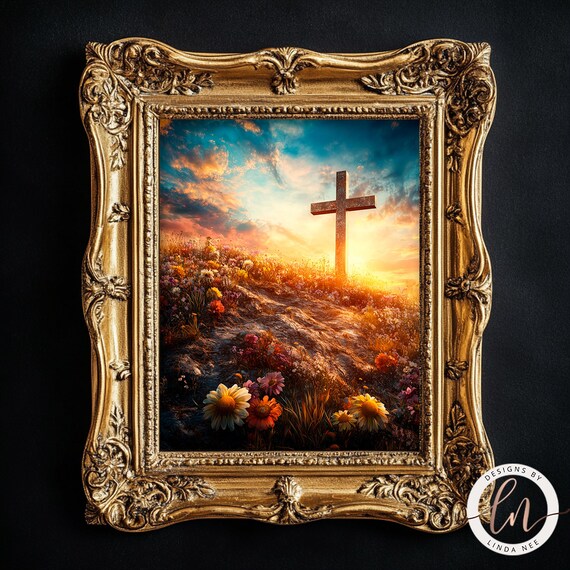 Wooden Cross Hilltop Sunrise Wildflowers Easter Resurrection Wall Art Poster