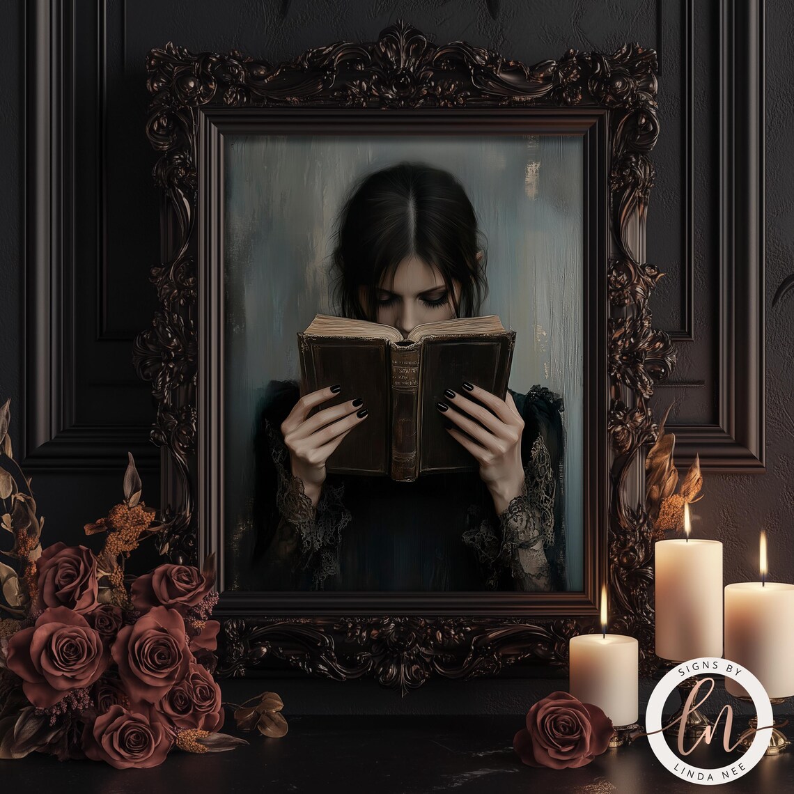 Victorian Woman Reading, Dark Academia Library Art Print - Image 2