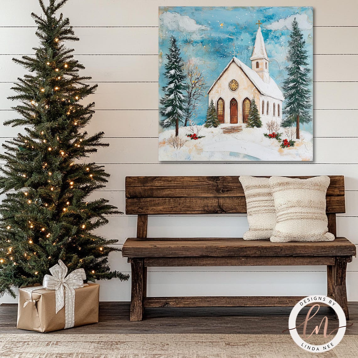 Snowy White Church Tall Steeple Bright Winter Day Folk Art Wall Poster - Image 3