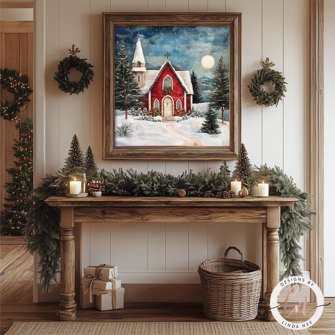 Vintage Church Christmas Scene Oil Painting Art Print - Image 2