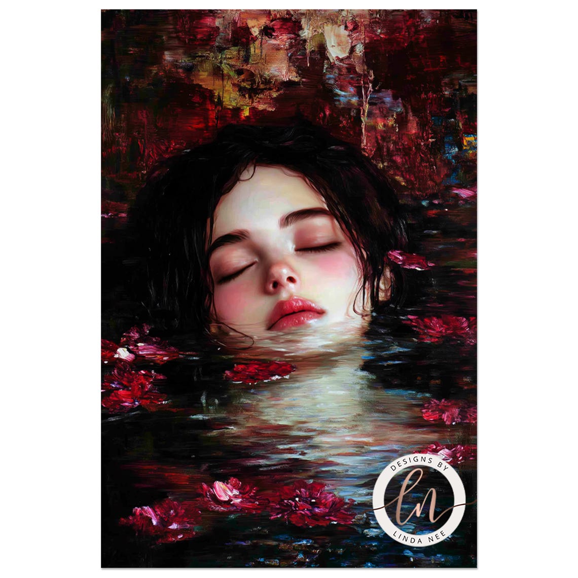 Woman Face Water Red Flowers Dark Gothic Victorian Moody Wall Poster - Image 5