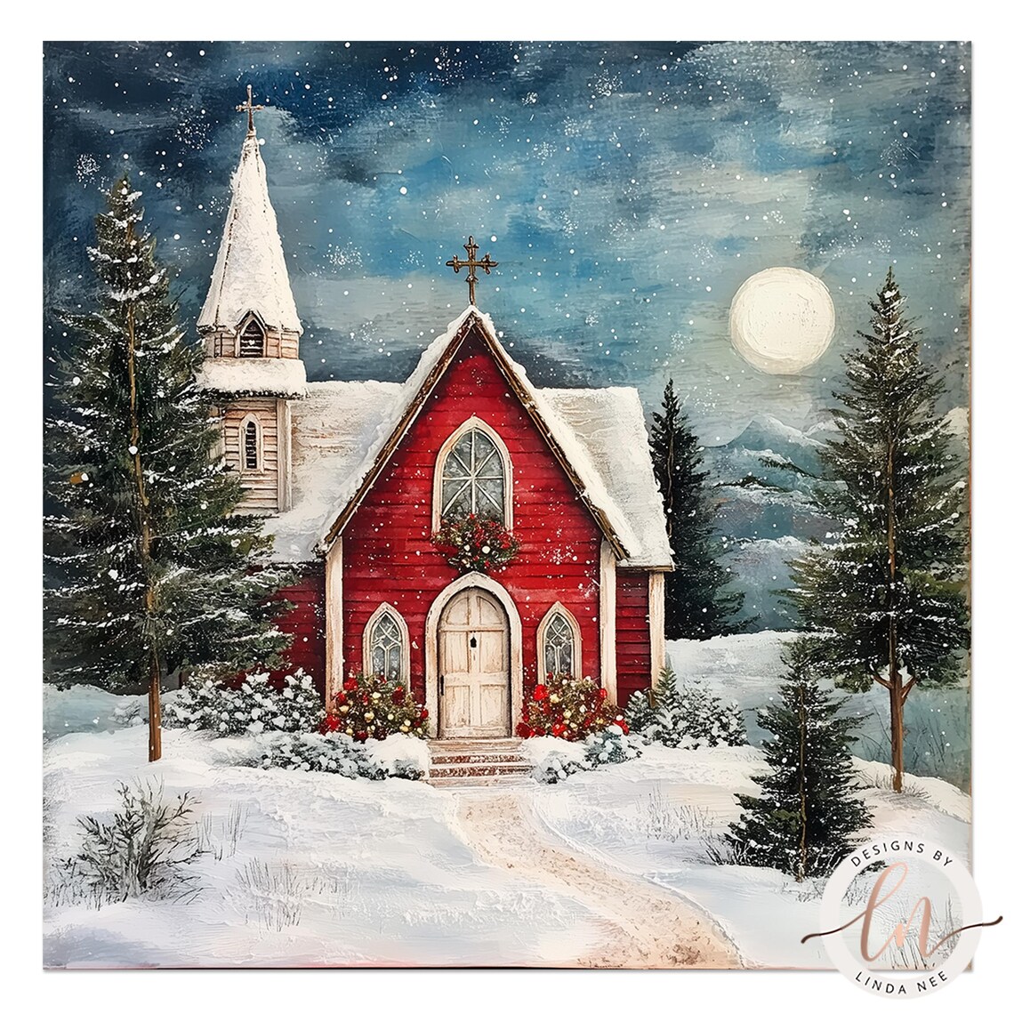 Vintage Church Christmas Scene Oil Painting Art Print - Image 4