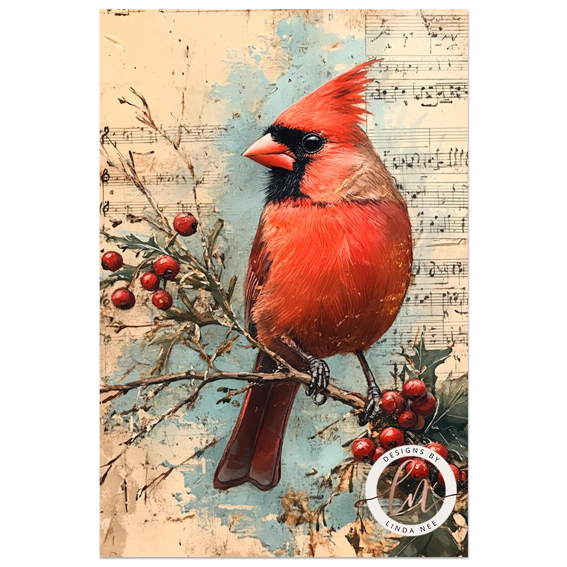 Cardinal Vintage Sheet Music Christmas Wall Art Christmas Oil Painting Print Light Academia Cottagecore Music Teacher Gift Hymns 6 Xms023 - Image 3