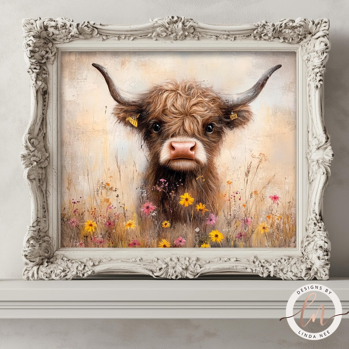 Baby Cow in Wildflowers, Vintage Farmhouse Art Print