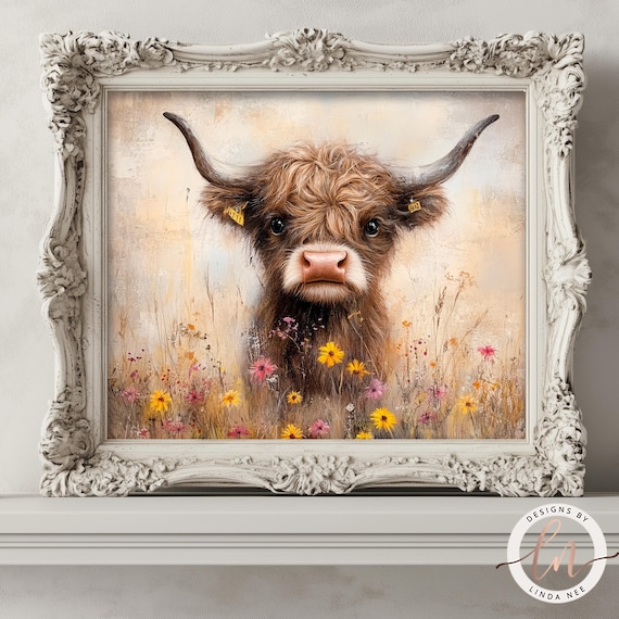 Baby Cow in Wildflowers, Vintage Farmhouse Art Print