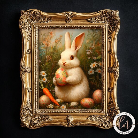Easter Bunny Oil Painting Vintage Easter Spring Floral Art Print Moody Cottagecore Animal Wall Decor Trendy Rabbit Art Antique 6 Eas004