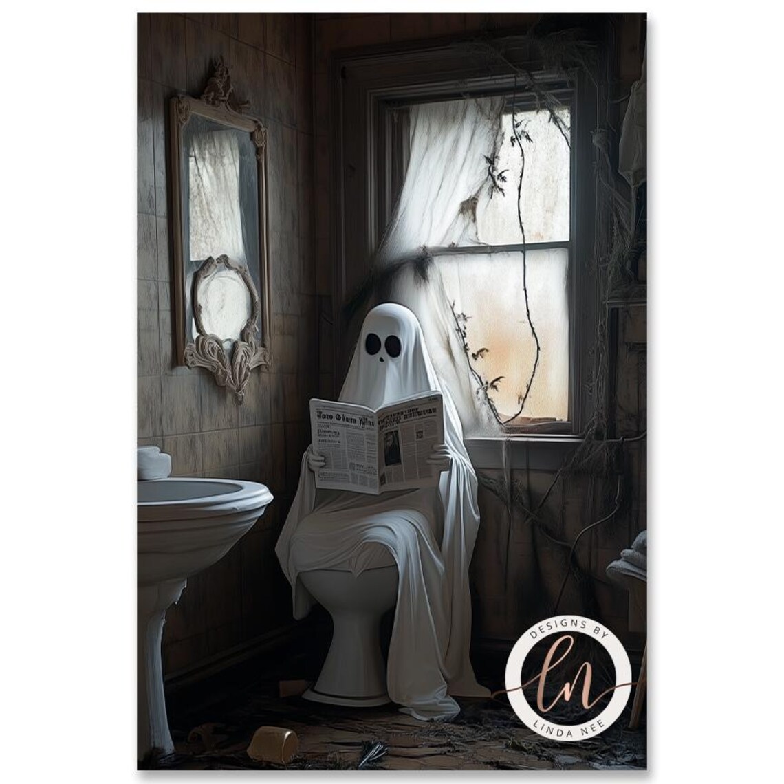 Funny Ghost Sitting On Toilet Reading Newspaper Spooky Bathroom Wall Poster - Image 4