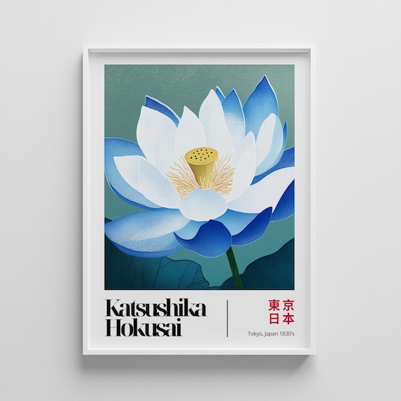 Hokusai Blue Lotus Blossom Japanese Floral Woodblock Art Poster