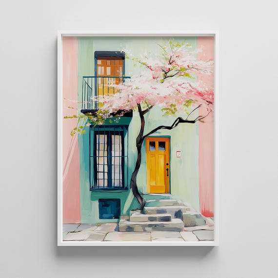 Cherry Blossom Door Print Japanese Pastel Architecture Art